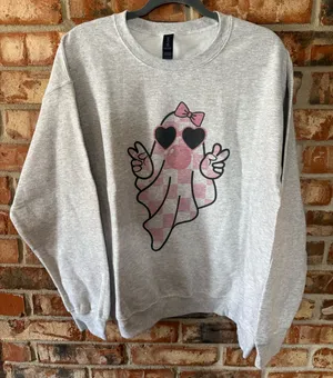 Gildan Gray Crewneck Sweatshirt with Pink Ghost Graphic thumbnail 1