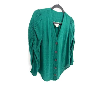 Maeve Anthropologie Emerald Green‎ Jacquard Ruched Puff Sleeve Blouse Size 0 thumbnail 2