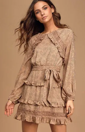 Lulu’s Kiss Me Goodnight Tan Polka Dot Ruffled Long Sleeve Mini Dress thumbnail 1