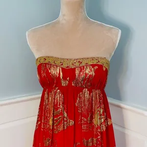 Aidan Mattox Beaded Silk Strapless Ball Gown Red & Gold Prom Party 4 thumbnail 3