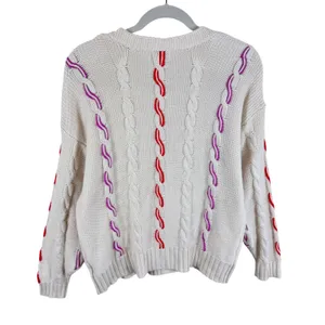 525 America Women Cream Cable Knit Cardigan Red Purple Contrast Stitch Small thumbnail 2