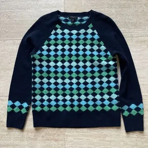 J Crew‎ Women Argyle Crewneck 100% Lambs Wool Sweater Y2K Preppy S Blue Green thumbnail 1