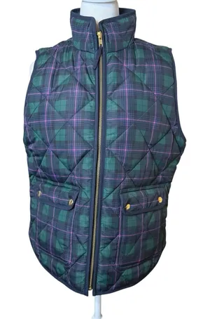 J Crew‎ Quilted Puffer Vest Tartan Plaid Navy Green Purple Size Medium Preppy thumbnail 1