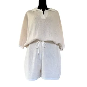 Lightweight‎ Knit 2 Piece Polo Top and Shorts Set Cream White Loungewear/ Resort thumbnail 4