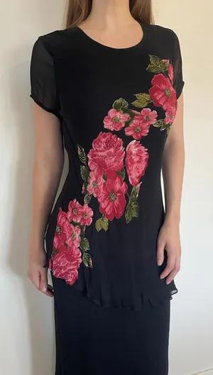 Vintage Tiered Black Mesh Lettuce Trim Floral Sparkly Maxi Dress thumbnail 1