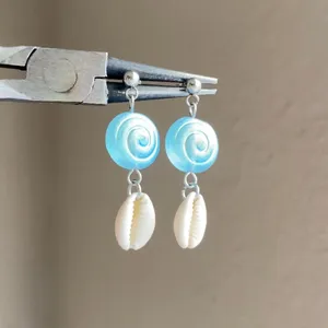 quality Czech glass beads snail shell & natural cowrie seashell dangle earrings 🌀💕 thumbnail 4