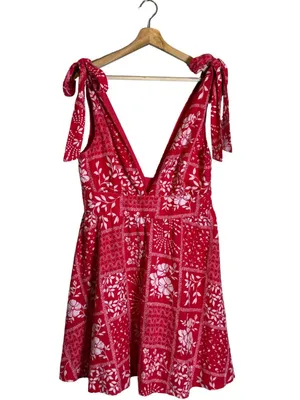 House of Harlow 1960 Linen Bandana Print Mini Dress Women Medium Red Bow Revolve thumbnail 4