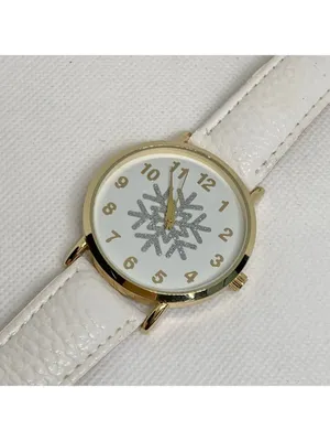 Gold tone women’s watch snowflake dial 40mm quartz analog white leather running thumbnail 3