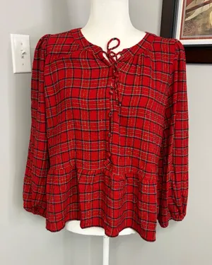 Loft Petites Red Plaid Metallic Peplum Blouse Tie Neck MP thumbnail 1