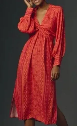 Farm Rio Midi Dress Womens Small Red Orange Long Sleeve V-Neck thumbnail 1