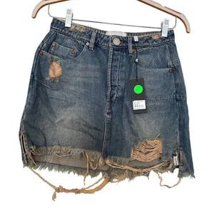 NWT One Teaspoon Sz 26 Distressed Cut Off High Waist Denim Blue Jean Mini Skirt thumbnail 1
