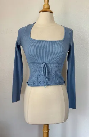 Altar'd State Blue Knit Long Sleeve Milkmaid Top thumbnail 1