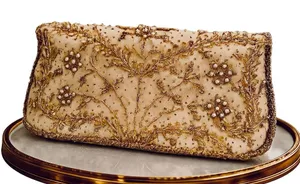 Vintage Gold Beaded Evening Clutch w/ Chain Strap Ivory Satin Floral Embroidery thumbnail 1