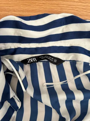 Zara silk white and blue stripped button down thumbnail 3
