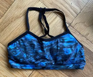 Beyond Yoga Space Dye Slim Racerback Bra, Sz XS, blue/black/grey abstract print thumbnail 1