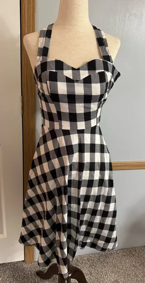 Topdress Black White Gingham Backless Halter Dress Size Small Retro Trad Wife thumbnail 1
