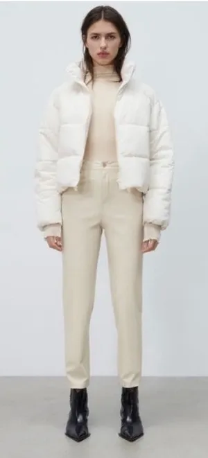 Zara Women's Size 2 Slim Mom Fit Faux Leather Pants Cream‎ Super Soft High Rise thumbnail 1