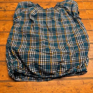 Womens Plaid Smocked Off Shoulder Top Teal Yellow White Black Short‎ Sleeve thumbnail 1