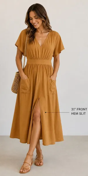 Madewell Camel Tan Linen-Blend Dolman-Sleeve Tie-Waist Midi Dress Women's Size 4 thumbnail 1