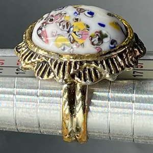 White Milk Art Glass Cabochon Adjustable Ring Vtg Gold Tone Size 7 thumbnail 4
