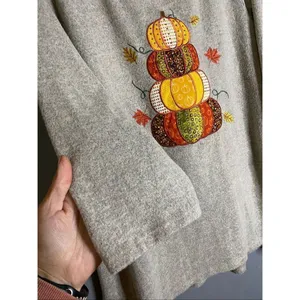 Clover + Pine Gray Pumpkin Fall Embroidered Crew Neck 3/4 Sleeve Top XL thumbnail 3