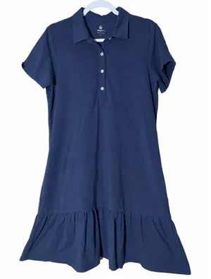 Spartina Dress L Navy Blue Cotton Polo Drop Waist Ruffle Hem Preppy Resort Golf thumbnail 1