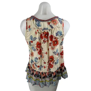 Patrons of Peace Floral Ruffled Embroidered V Neck Sleeveless Peplum Tank Top S thumbnail 2