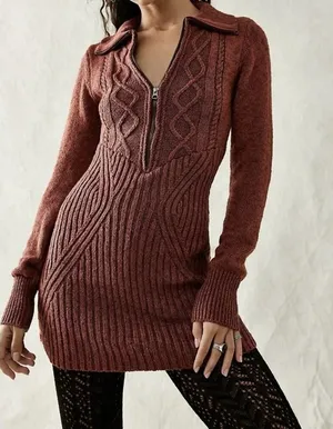 NWT Free People Mont Blanc Red‎ Jasper Cable Knit Sweater Mini Dress thumbnail 1