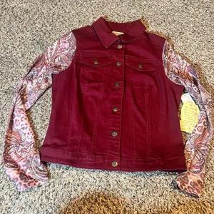 One World Womens Burgundy Denim Jacket Paisley‎ Print Lighweight Sleeve Size S thumbnail 1