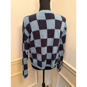 Vintage Liz & Co Checkerboard Knit Cardigan Sweater Blue Y2K Button Up Retro thumbnail 4