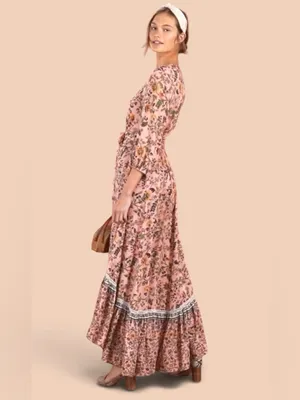 FARM Rio 100% Viscose Pink Floral Wrap Long Sleeve Maxi Dress Size Medium🌸💗 thumbnail 3