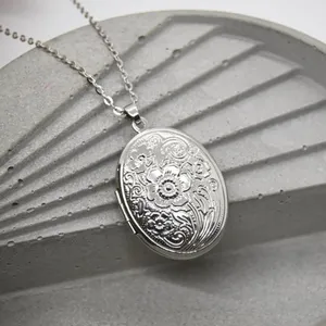Floral Design Oval Locket Necklace Silver thumbnail 2