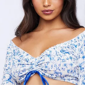 NWT Savage X Fenty Blue White Floral Velvet Off Shoulder Crop Top XS thumbnail 6