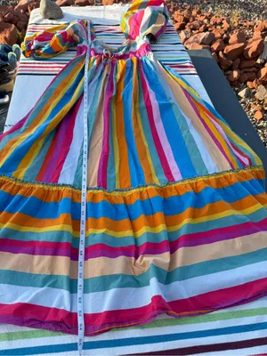 FARM Rio Rainbow Stripe Maxi Dress M Multicolor Puff Sleeve Boho Resort colorful thumbnail 6