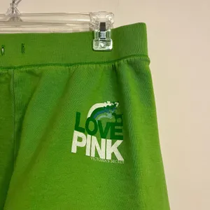 Y2K Victoria's Secret PINK Sweat Shorts Green Logo Cut Off Women Size M thumbnail 3