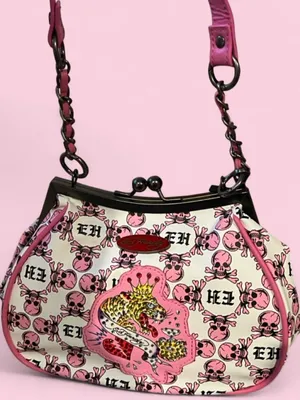 Ed Hardy Pink Skull Print Clutch with Embellished Crest Patch thumbnail 2