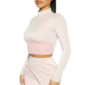 NWT Naked Wardrobe On the Glow‎ Long Sleeve Turtleneck Crop Top in Pink thumbnail 2