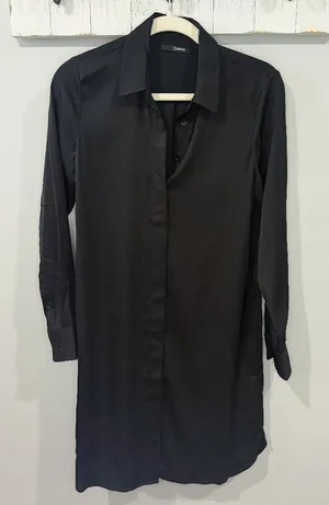 Quince Silk Stretch Mini Shirt Dress Black XS (No Belt) thumbnail 1