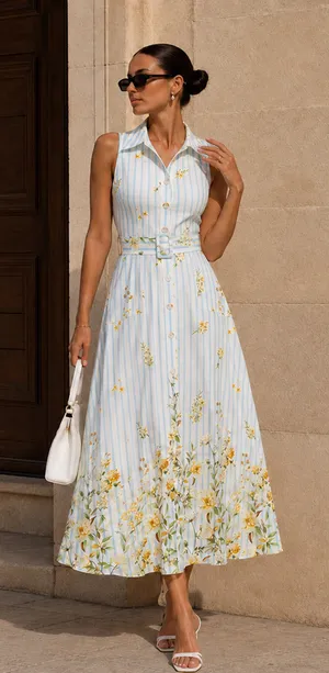Commence Light Blue Striped Maxi Dress with Yellow Floral Print Small NWT thumbnail 1