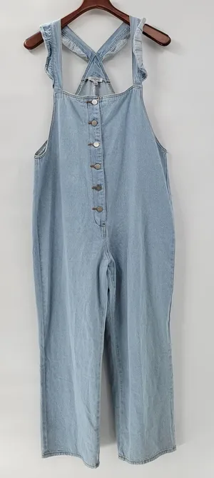 Polagram Overall Button Up Denim Jumpsuit Womens L Blue Light Wash Ruffle Straps thumbnail 1