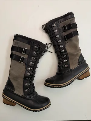 Sorel Boots Conquest Carly Leather Tall Lace Up Buckles Moto Olive Green Black thumbnail 5