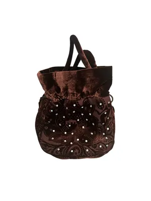 Rich Brown Velvet Drawstring Bucket Bag Ornate Tonal Paisley Rhinestones thumbnail 3