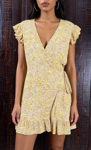 Billabong Yellow Floral Wrap Ruffle Dress Small thumbnail 1