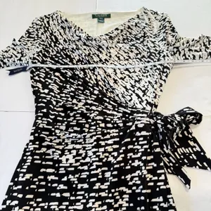 Ralph Lauren Black White‎ Geo Faux Wrap Tie 3/4 Sleeve Stretch Sheath Dress 4 thumbnail 6