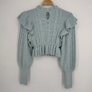 MAJORELLE Langley Cable Ruffle Sweater Small Blue Coquette Cottagecore Boho thumbnail 7