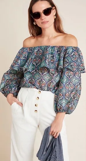 NWT Sachin & Babi Anthropologie Teal and Navy Printed Off-Shoulder Peasant Top thumbnail 1