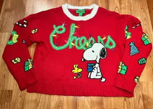 Peanuts Red and White crop Sweater Ugly Christmas Womens Sz Large thumbnail 1