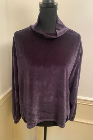 Garnet Hill Velour Knit Turtleneck Cowl Neck Pullover Top Blue Grey Cotton Modal thumbnail 1
