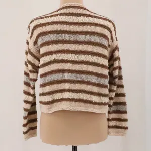 Striped Cropped Cardigan Sweaters Womens Size M Brown Cream Boho Cottage Neutral thumbnail 4