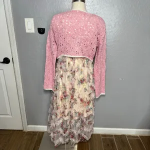 Cider 2 Piece Cottage Ruffle Midi Ruffled Dress with Pink Cardigan, M thumbnail 2